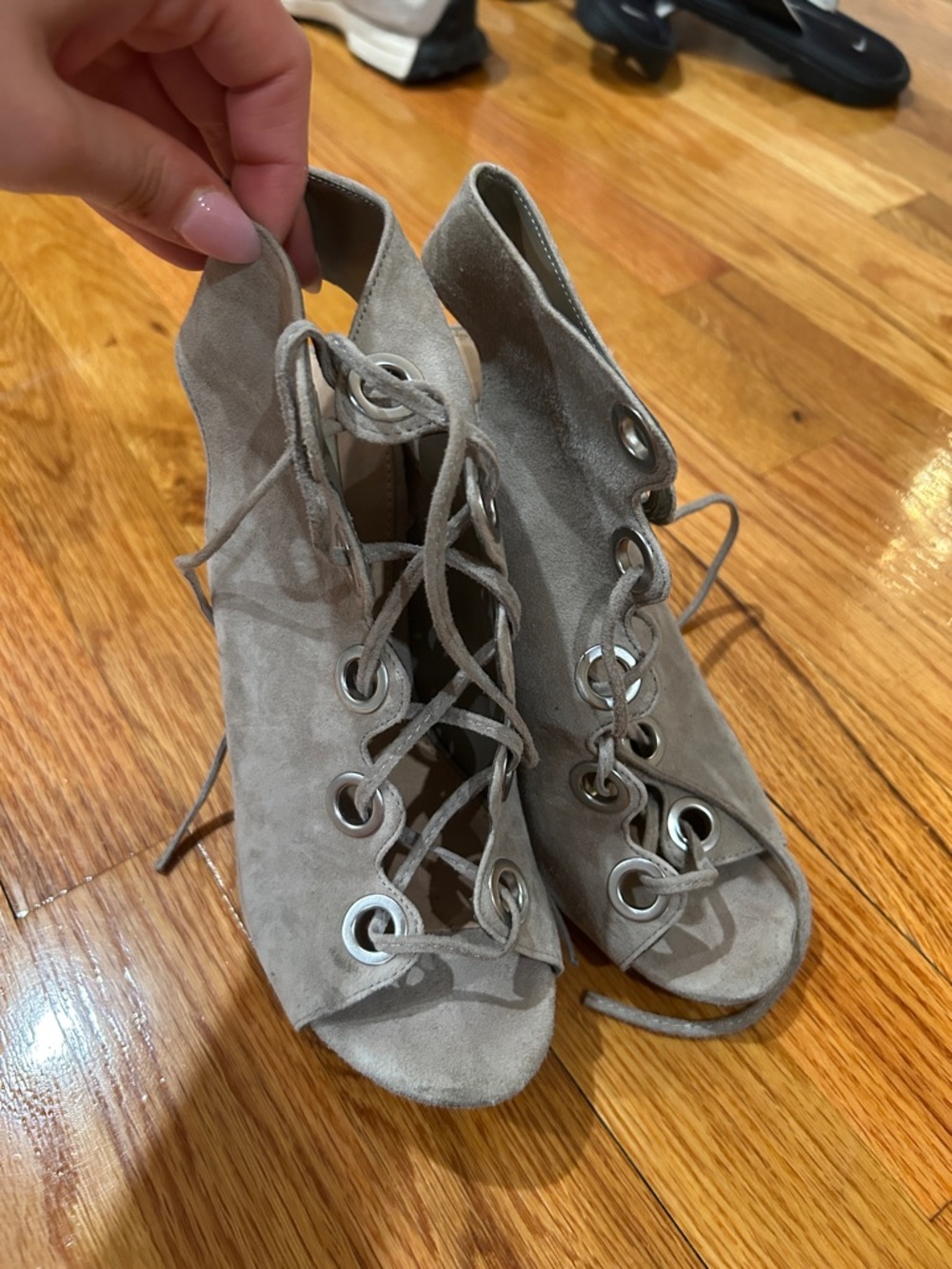 Steve Madden Taupe Suede Lace-Up Open-Toe Heels
